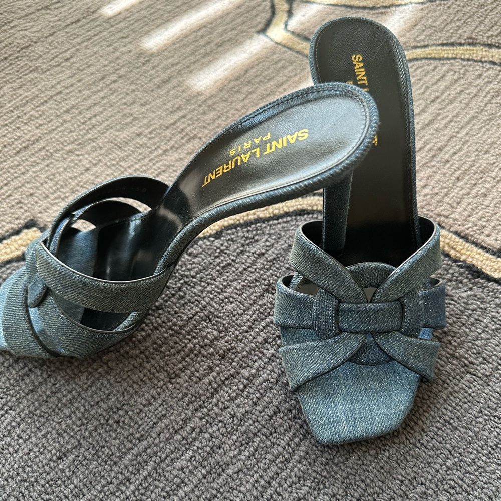 Saint Laurant Denim Tribute 85mm Mules - Picture 2 of 5